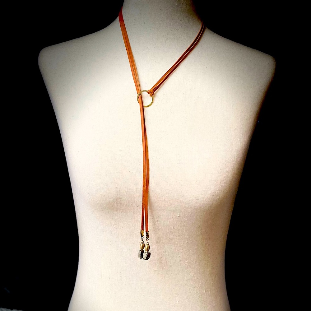 Brown leather cord adjustable necklace with hematite end beads